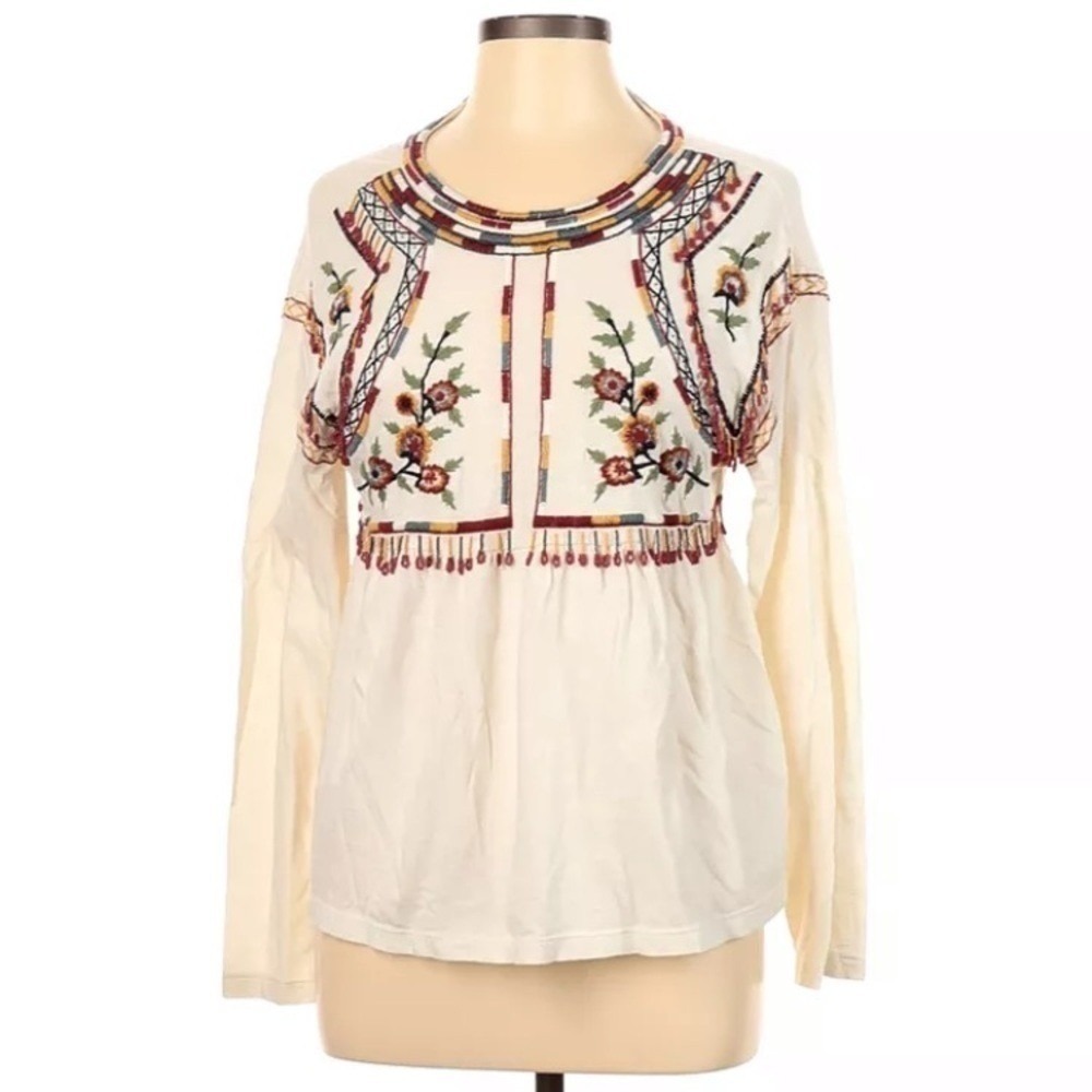 Anthropologie Intropia embroidered beaded‎ top babydoll boho XS festive long slv